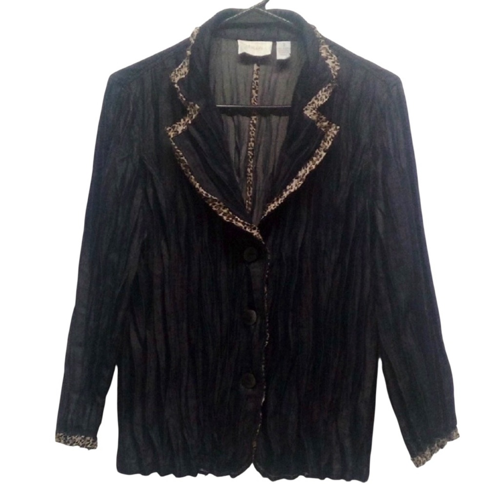 Chico's Dark Denim Metallic Leopard Print Pleated Blazer